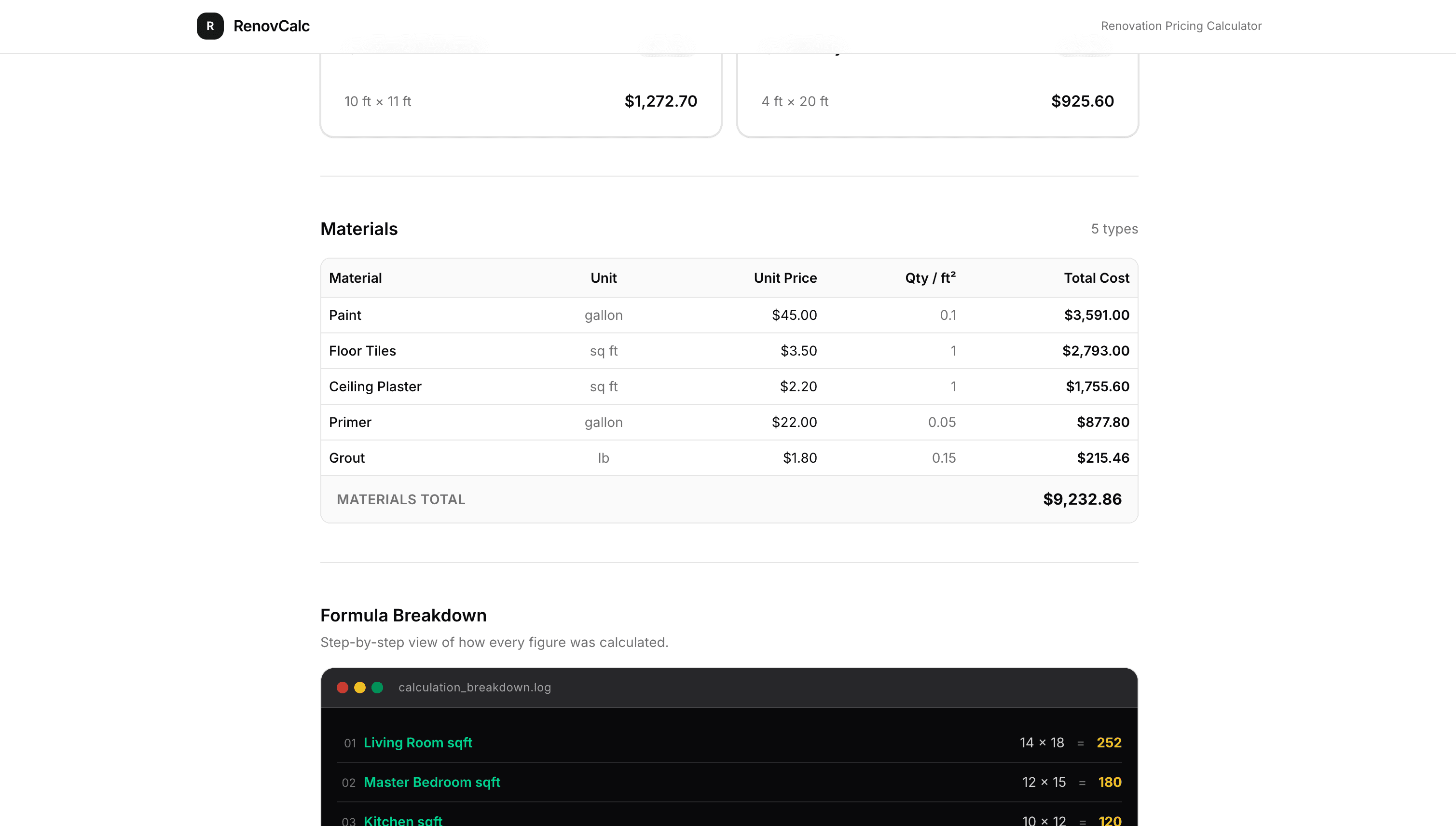 Renovation Pricing Calculator